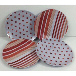 Set 4 10" Melamine Dinner Plates Red White Orange Striped Polka Dot Pool Summer